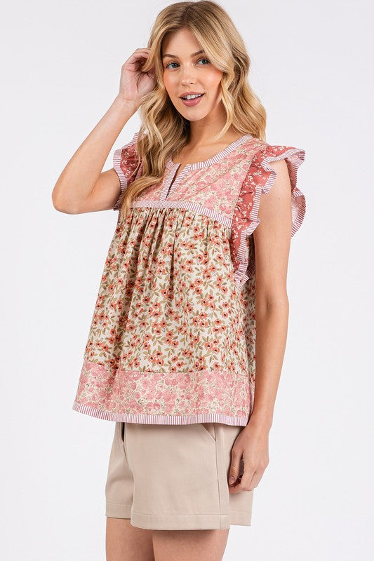 Mittoshop Floral Notched Ruffled Cap Sleeve Blouse-TOPS / DRESSES-[Adult]-[Female]-2022 Online Blue Zone Planet