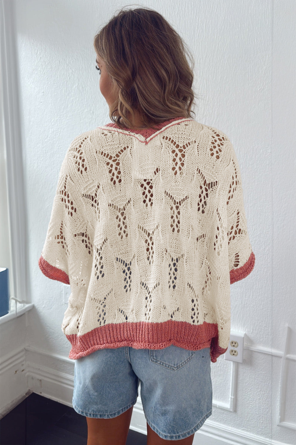 Delicacy Embroidered Flowers Colorblock Edge Hollowed Sweater-TOPS / DRESSES-[Adult]-[Female]-2022 Online Blue Zone Planet