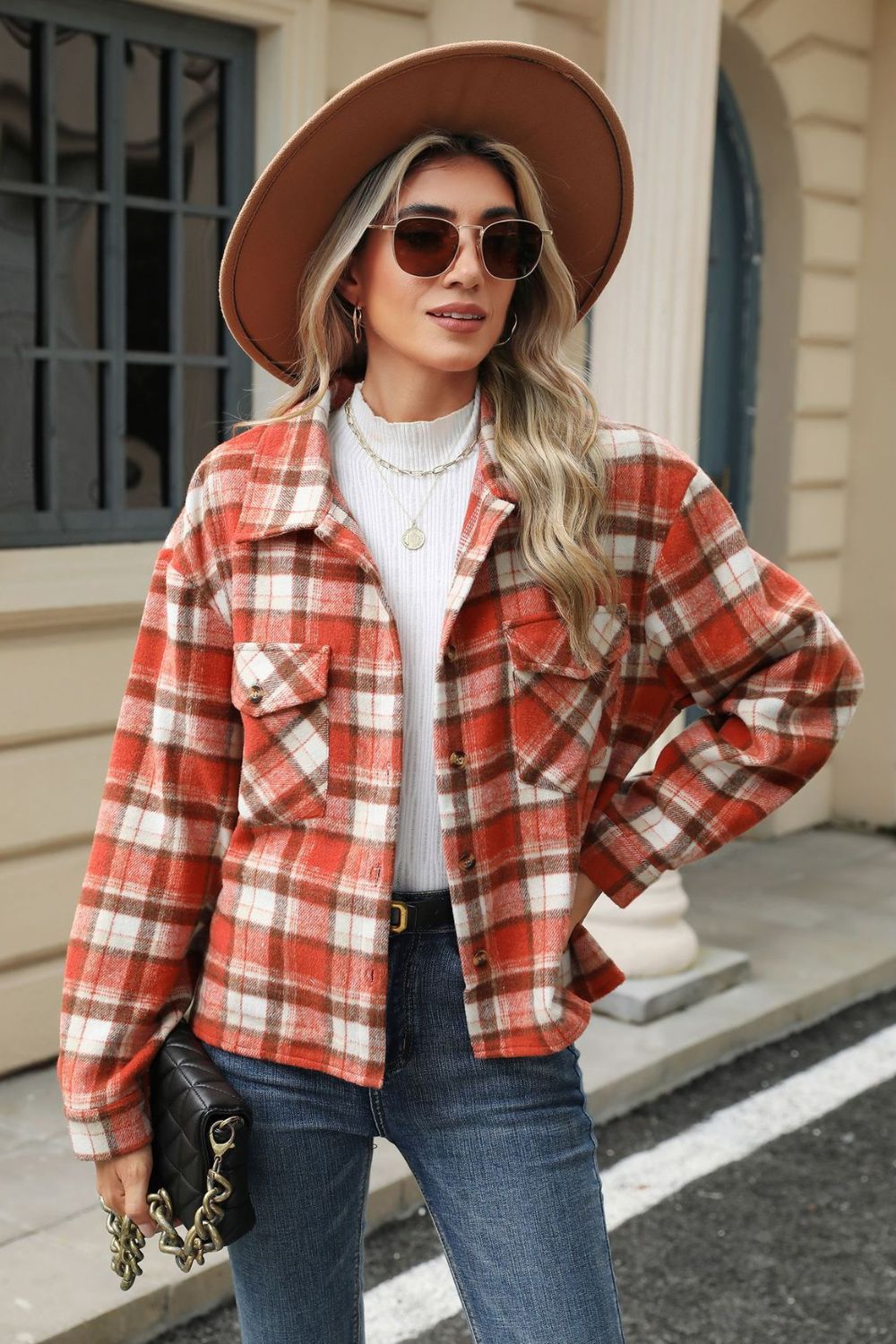 Pocketed Plaid Collared Neck Dropped Shoulder Jacket-TOPS / DRESSES-[Adult]-[Female]-2022 Online Blue Zone Planet