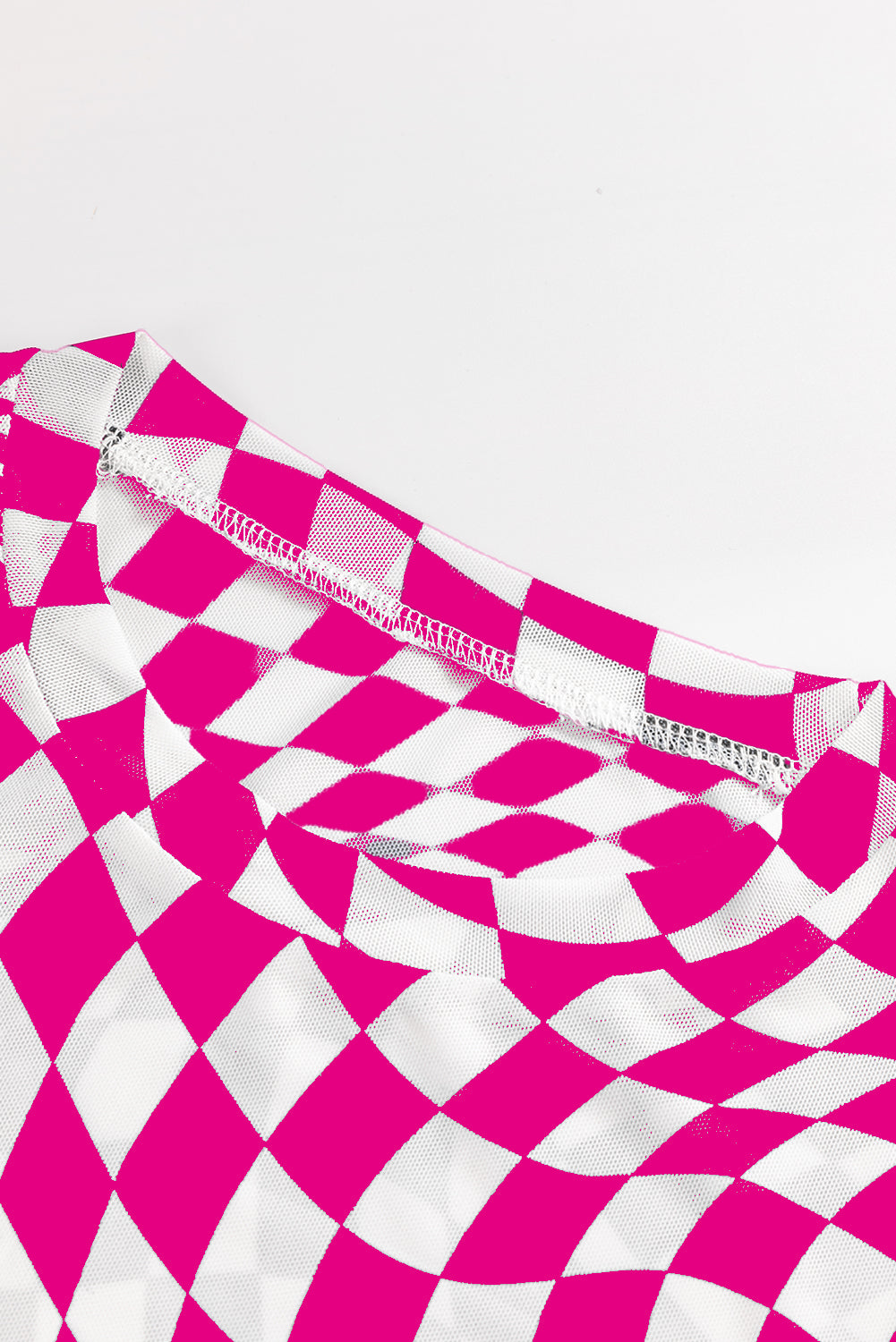 Blue Zone Planet | Rose Checkered Pattern Mesh Mock Neck Long Sleeve Top-Tops/Long Sleeve Tops-[Adult]-[Female]-2022 Online Blue Zone Planet