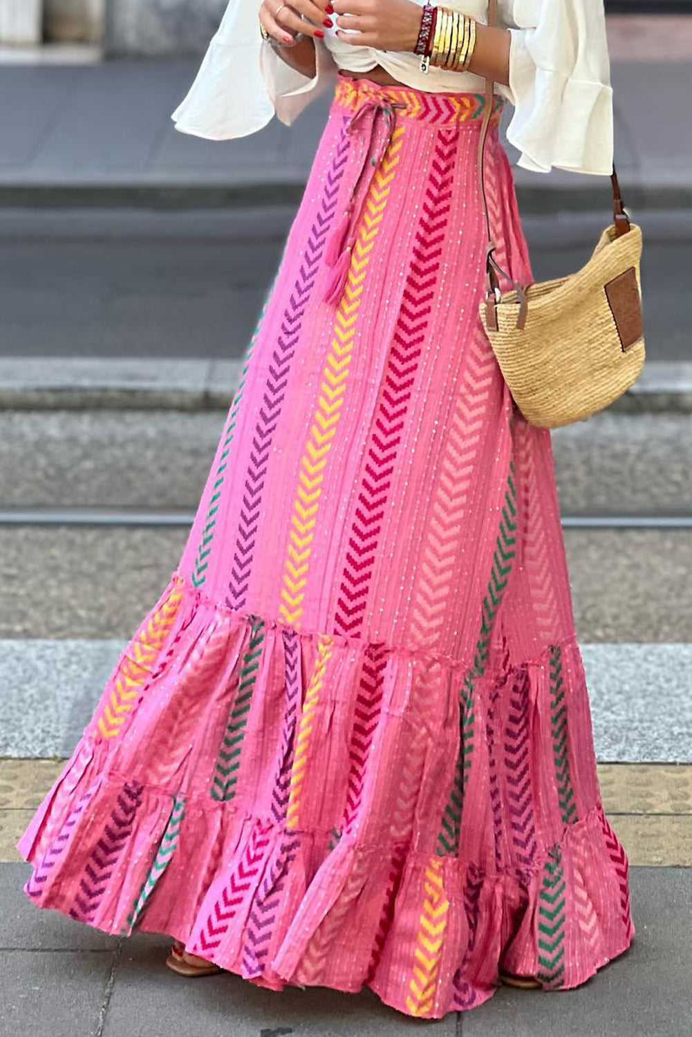 Pink Boho Printed Tasseled Drawstring Ruffled Maxi Skirt-Bottoms/Skirts & Petticoat-[Adult]-[Female]-2022 Online Blue Zone Planet