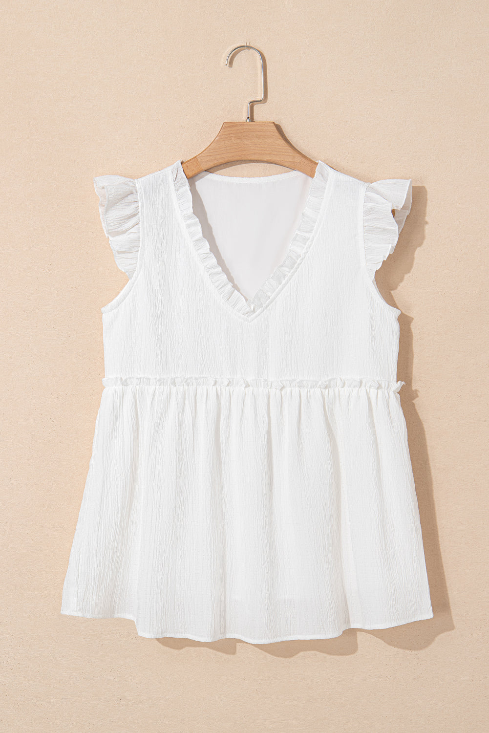 White Textured Ruffled Trim V Neck Flutter Flowy Top-Tops/Blouses & Shirts-[Adult]-[Female]-2022 Online Blue Zone Planet