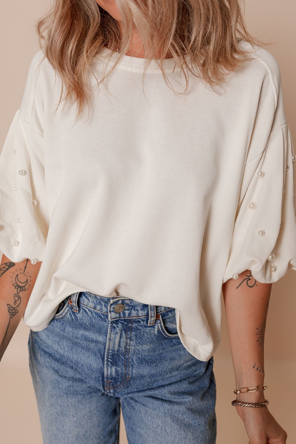 Pearl Detail Round Neck Half Sleeve Blouse-TOPS / DRESSES-[Adult]-[Female]-2022 Online Blue Zone Planet