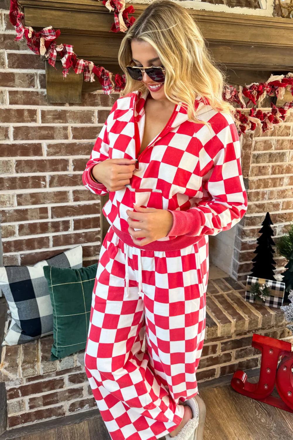 Red Checkered Print Half Zip Hoodie Loose Pant Set-Tops / Dresses-[Adult]-[Female]-2022 Online Blue Zone Planet