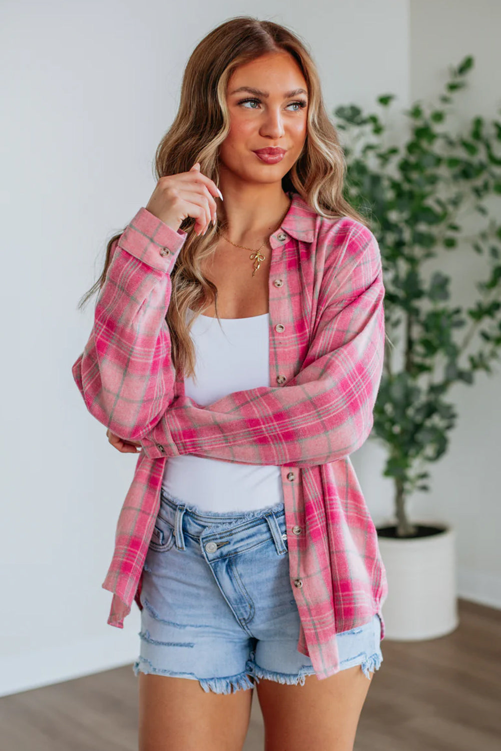 Sachet Pink Plaid Print Rounded Hem Long Sleeve Shirt with Pockets-Tops/Blouses & Shirts-[Adult]-[Female]-2022 Online Blue Zone Planet
