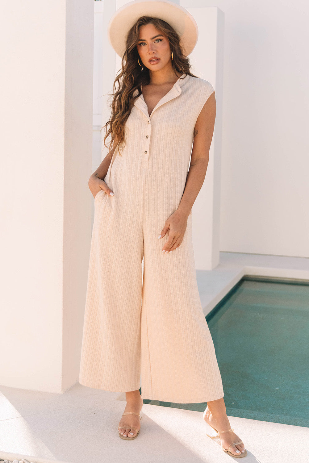 Blue Zone Planet | Smoke Gray Textured Buttoned Wide Leg Sleeveless Jumpsuit-Bottoms/Jumpsuits & Rompers-[Adult]-[Female]-2022 Online Blue Zone Planet