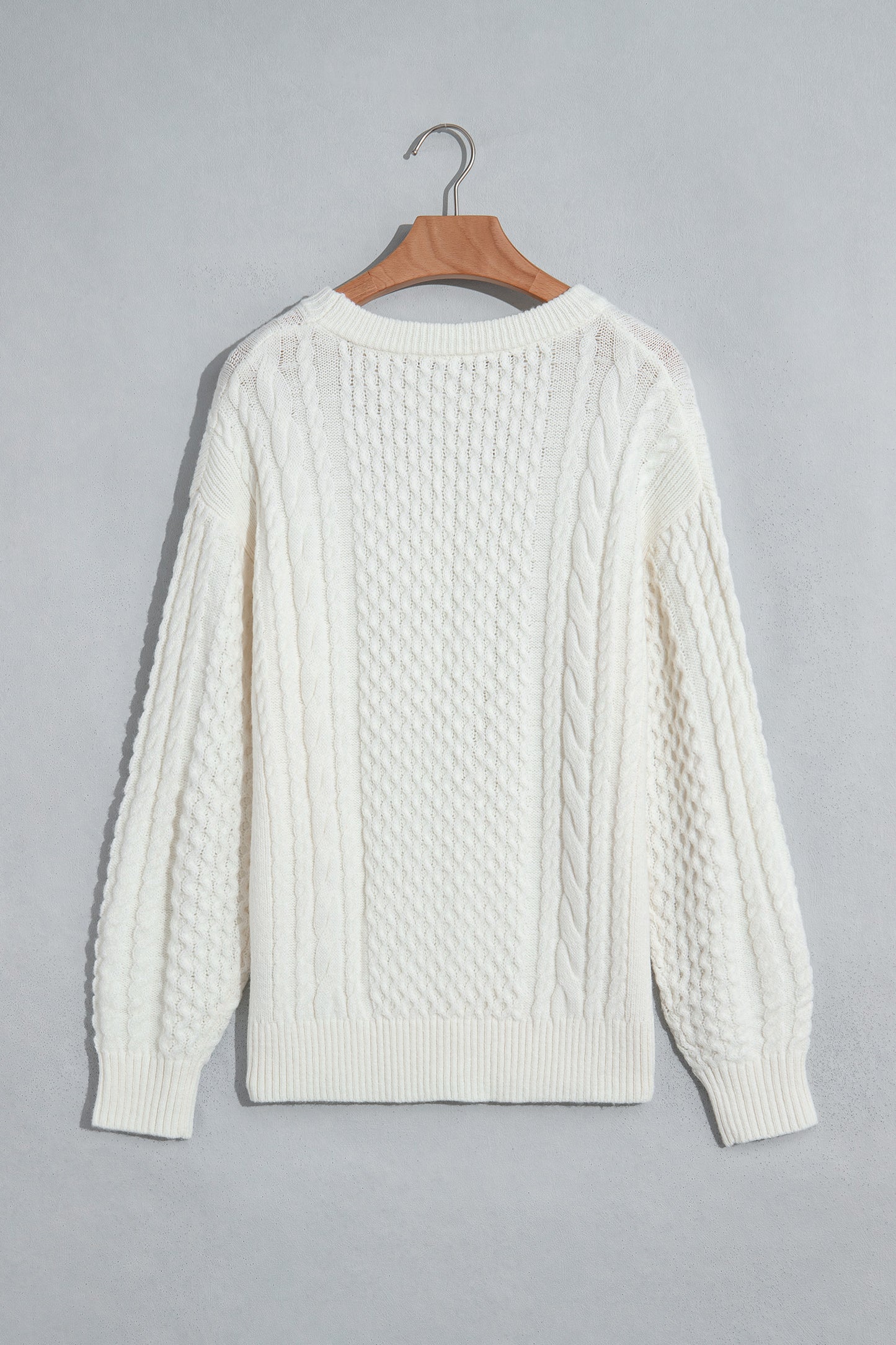Beige Solid Color Cable Detail Knit Loose Round Neck Sweater-TOPS / DRESSES-[Adult]-[Female]-2022 Online Blue Zone Planet