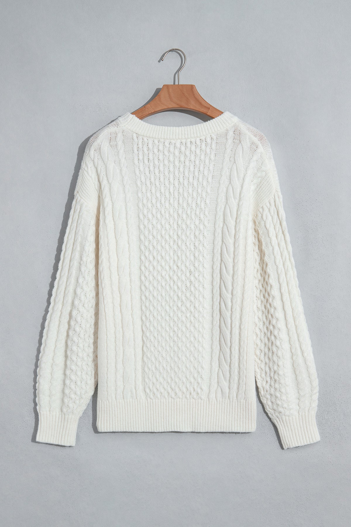 Beige Solid Color Cable Detail Knit Loose Round Neck Sweater-TOPS / DRESSES-[Adult]-[Female]-2022 Online Blue Zone Planet
