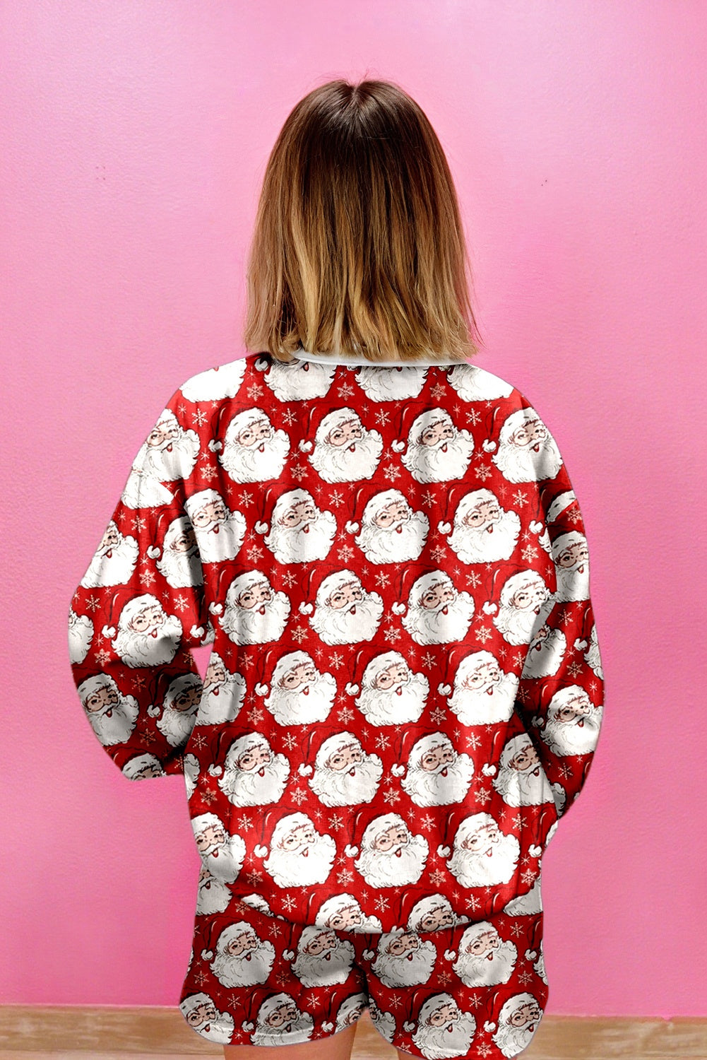 Pink Santa Claus Graphic Christmas Tree Pajama Set-Loungewear Set-[Adult]-[Female]-2022 Online Blue Zone Planet