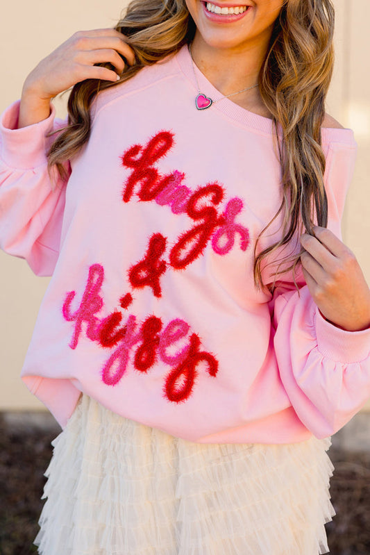 Pink Hugs and Kisses Pop Up Embroidered Raglan Sleeve Sweatshirt-TOPS / DRESSES-[Adult]-[Female]-Pink-S-2022 Online Blue Zone Planet