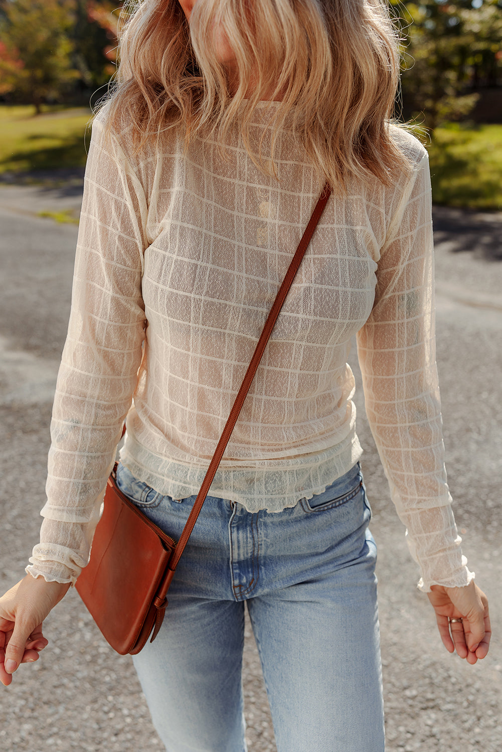 White Sheer Plaid Mesh Lettuce Trim Slim Fit Long Sleeve Top-Tops/Long Sleeve Tops-[Adult]-[Female]-2022 Online Blue Zone Planet