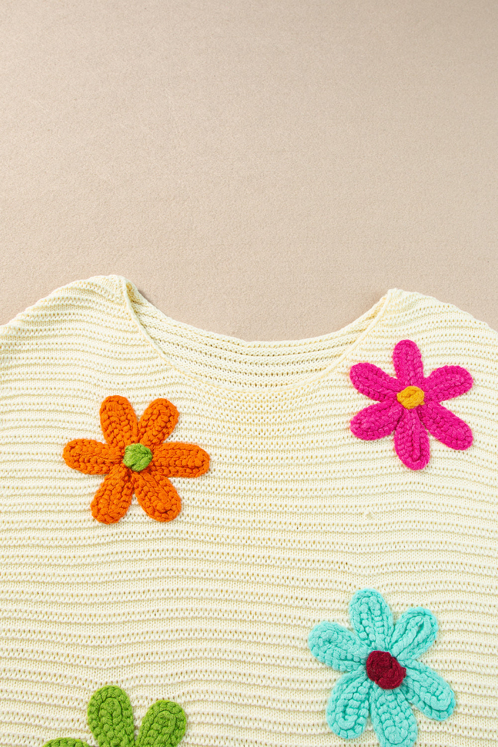 White Flower Crochet Round Neck Knitted Top-Sweaters & Cardigans/Short Sleeve Sweaters-[Adult]-[Female]-2022 Online Blue Zone Planet