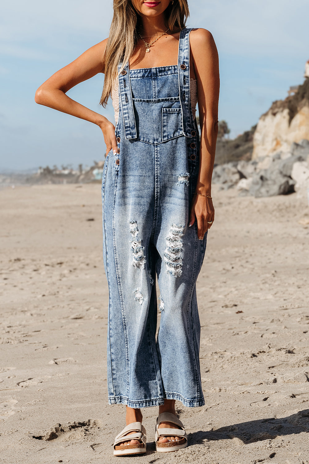 Blue Zone Planet | Stone Blue Distressed Bib Pocket Wide Leg Denim Overall-Bottoms/Jumpsuits & Rompers-[Adult]-[Female]-2022 Online Blue Zone Planet