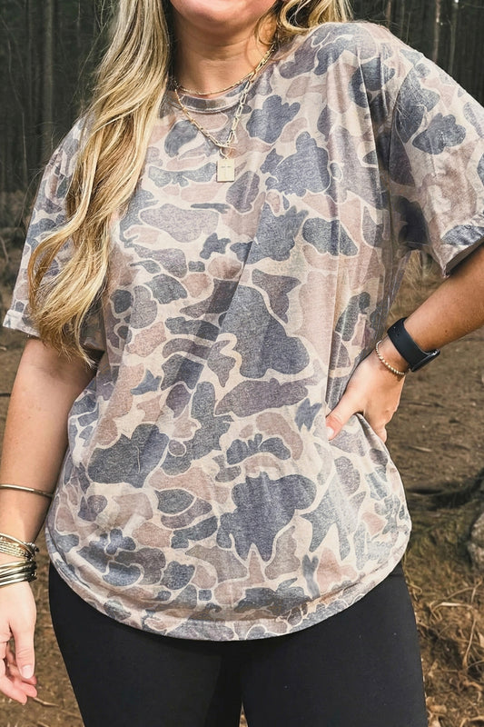 Multicolour Retro Camouflage Print Plus Size T Shirt-Plus Size/Plus Size Tops/Plus Size Tops & Tees-[Adult]-[Female]-Multicolour-1X-2022 Online Blue Zone Planet