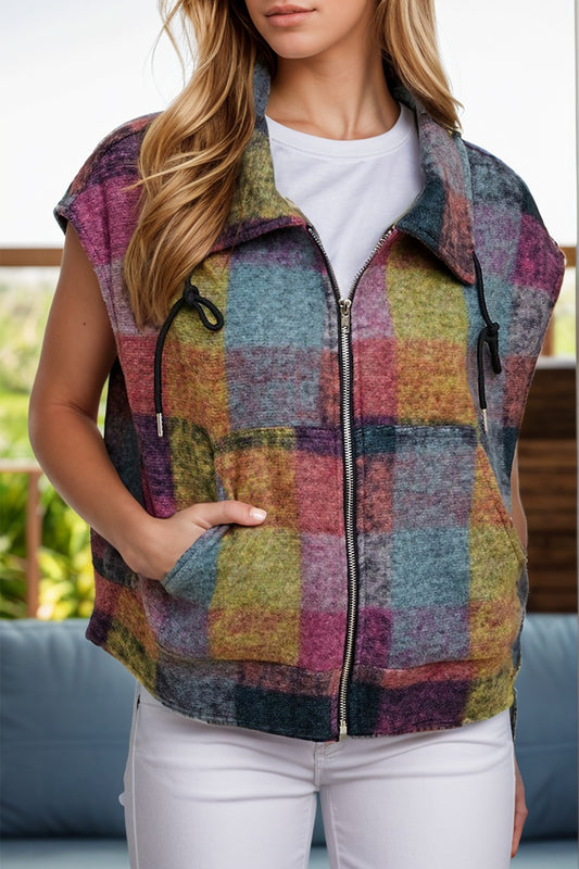 Plaid Zip Up Collared Neck Vest Coat-TOPS / DRESSES-[Adult]-[Female]-Plaid-S-2022 Online Blue Zone Planet