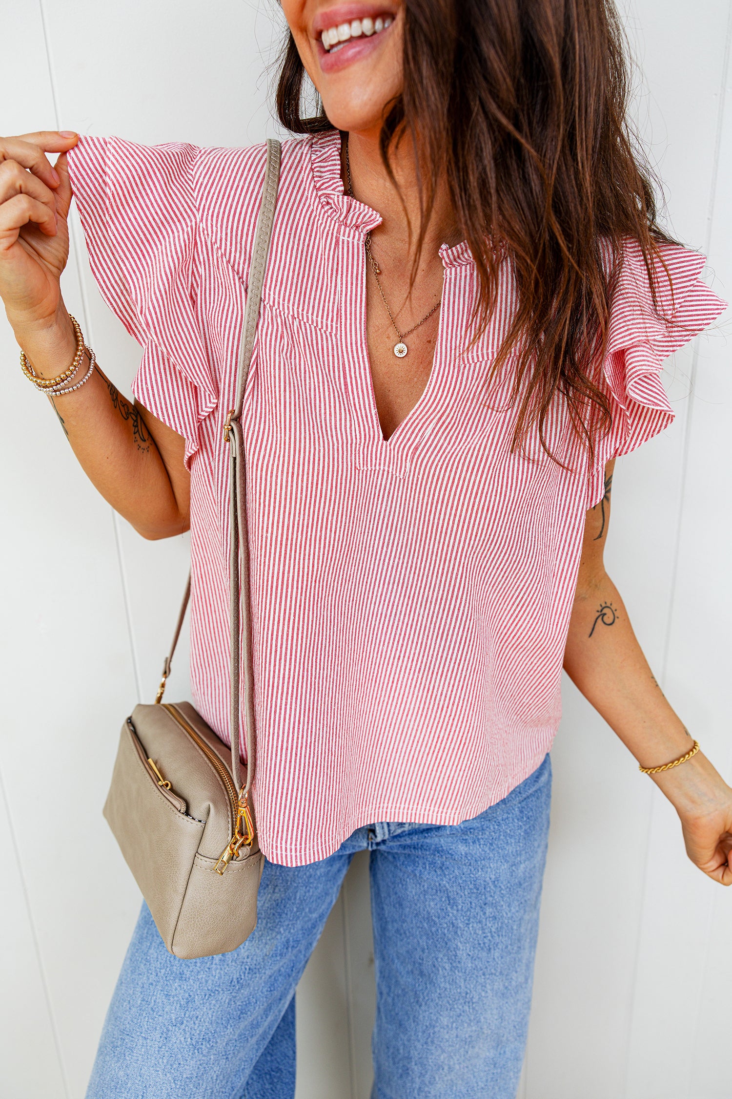 Red Stripe Frilly Split Neck Double Ruffled Short Sleeve Blouse-Tops/Blouses & Shirts-[Adult]-[Female]-2022 Online Blue Zone Planet