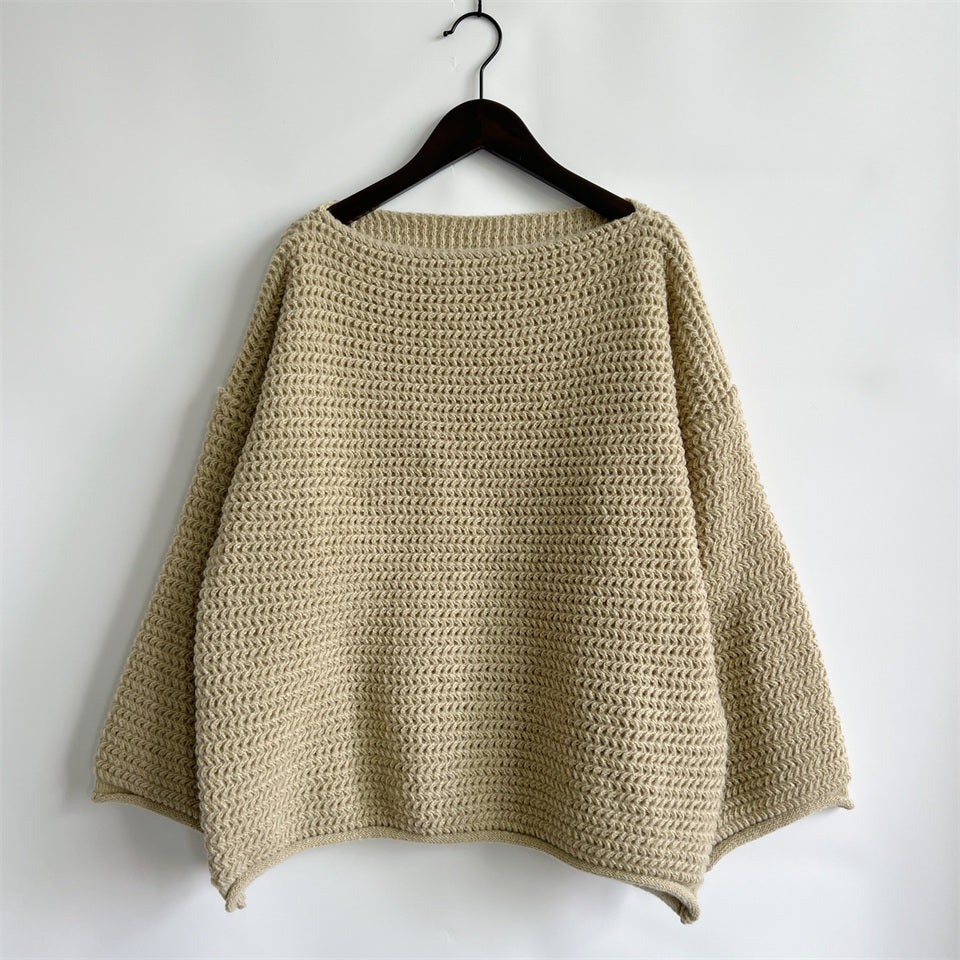 Openwork Boat Neck Long Sleeve Sweater-TOPS / DRESSES-[Adult]-[Female]-Khaki-S-2022 Online Blue Zone Planet