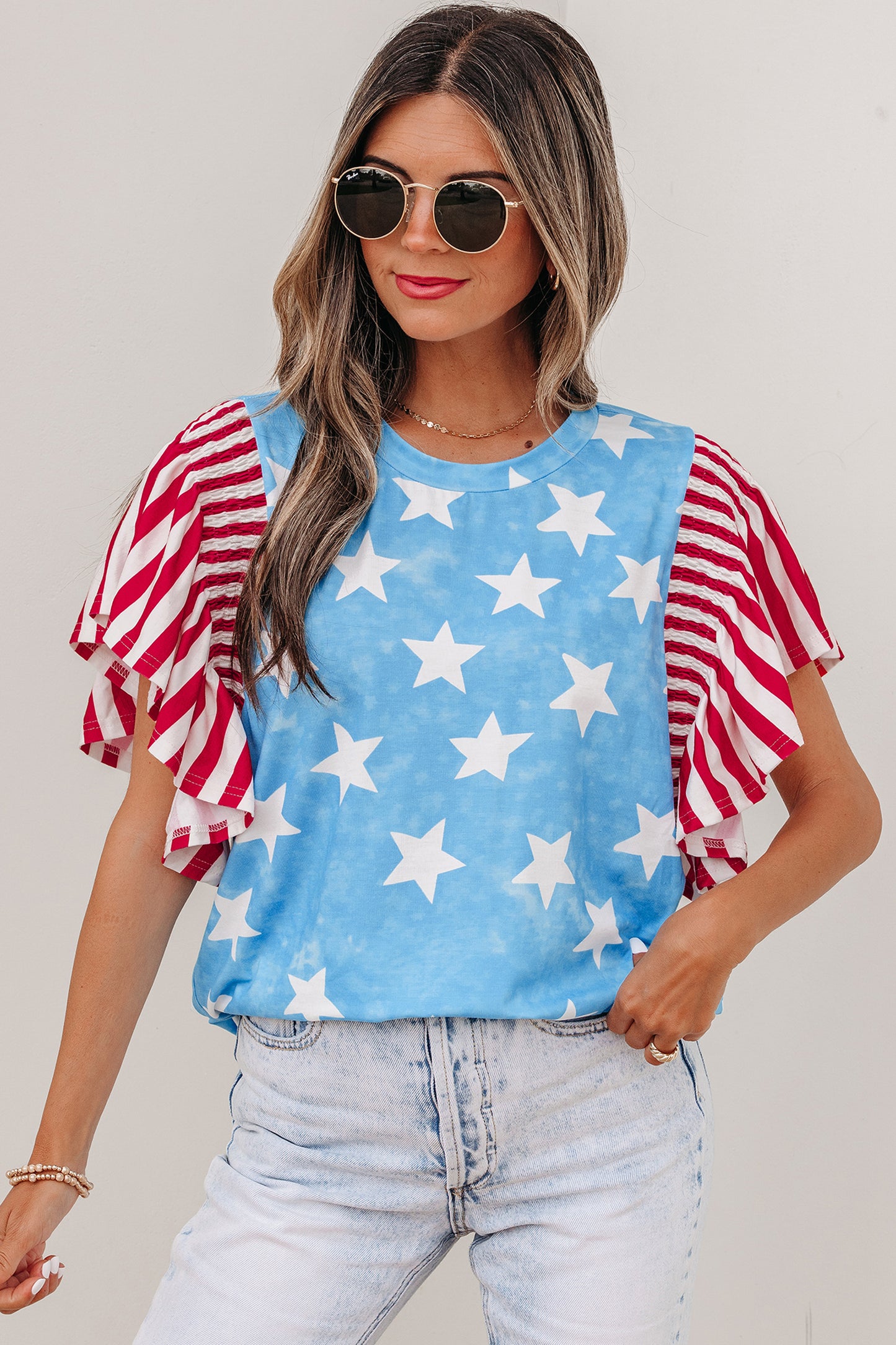 Sky Blue Vintage Star Print Striped Ruffle Sleeve Independence Day Top-Tops/Tops & Tees-[Adult]-[Female]-2022 Online Blue Zone Planet