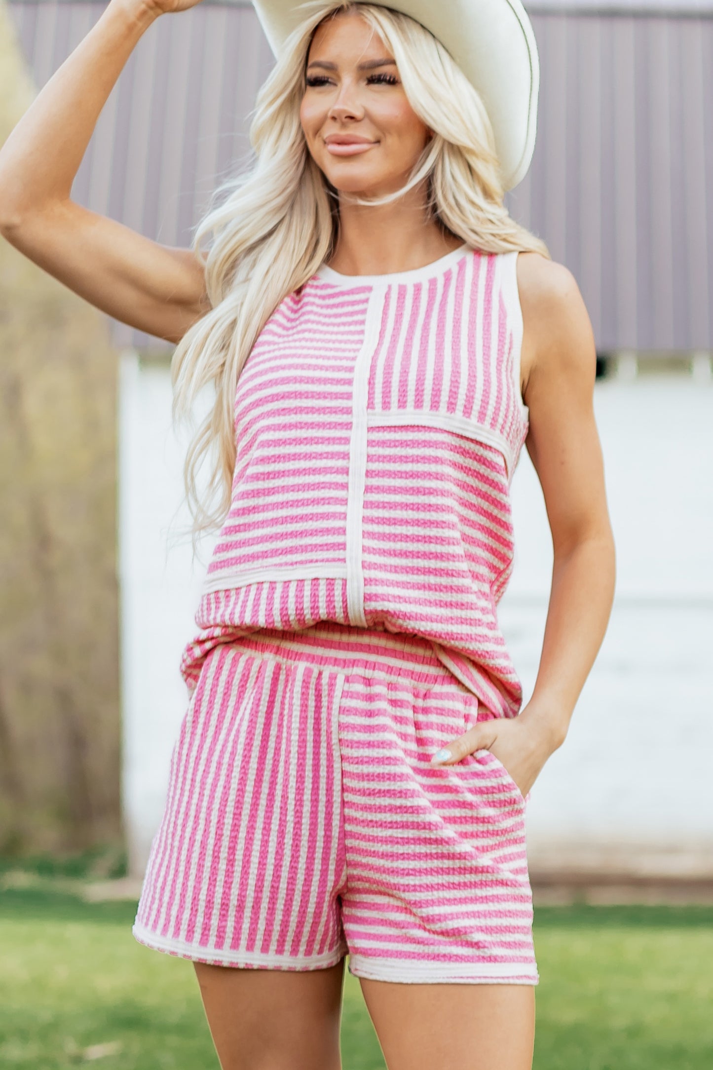 Pink Stripe Textured Contrast Trim Casual Tank and Shorts Set-Two Piece Sets/Short Sets-[Adult]-[Female]-2022 Online Blue Zone Planet