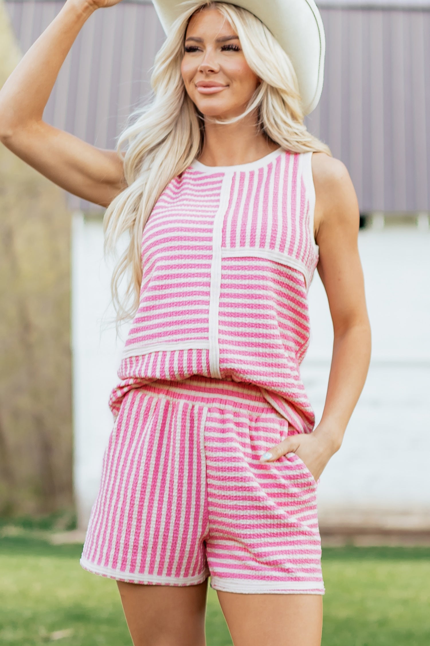 Pink Stripe Textured Contrast Trim Casual Tank and Shorts Set-Two Piece Sets/Short Sets-[Adult]-[Female]-2022 Online Blue Zone Planet