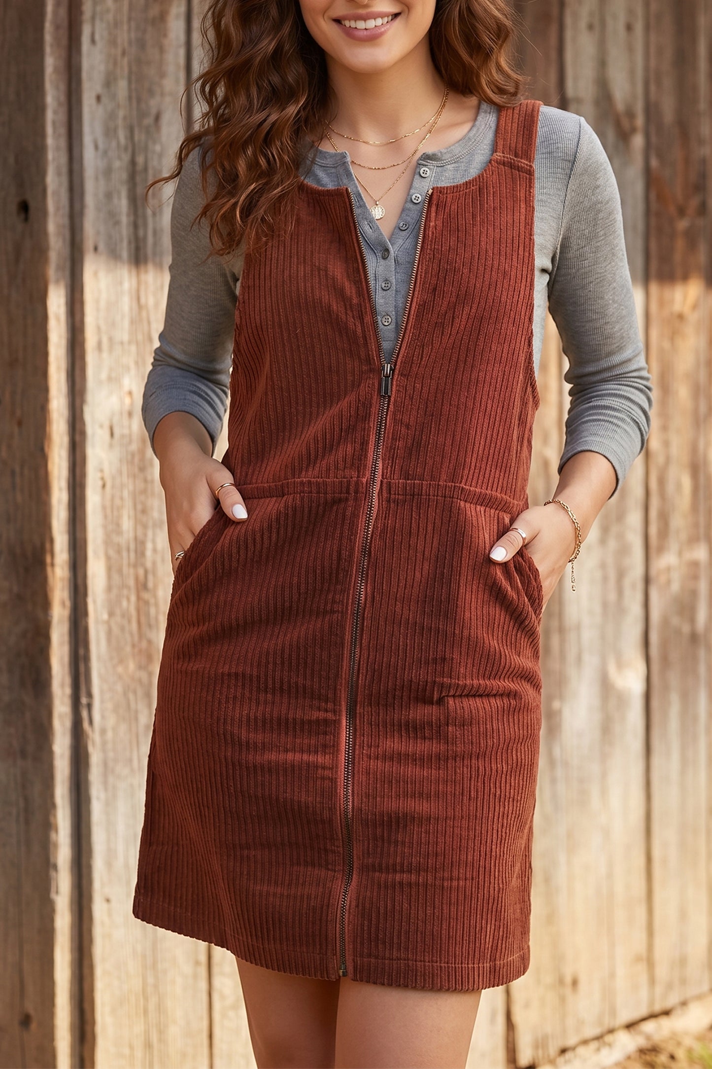 Clay Ribbed Corduroy Zip-Up Sleeveless Pocket Sheath Dress-Dresses/Mini Dresses-[Adult]-[Female]-Clay-S-2022 Online Blue Zone Planet