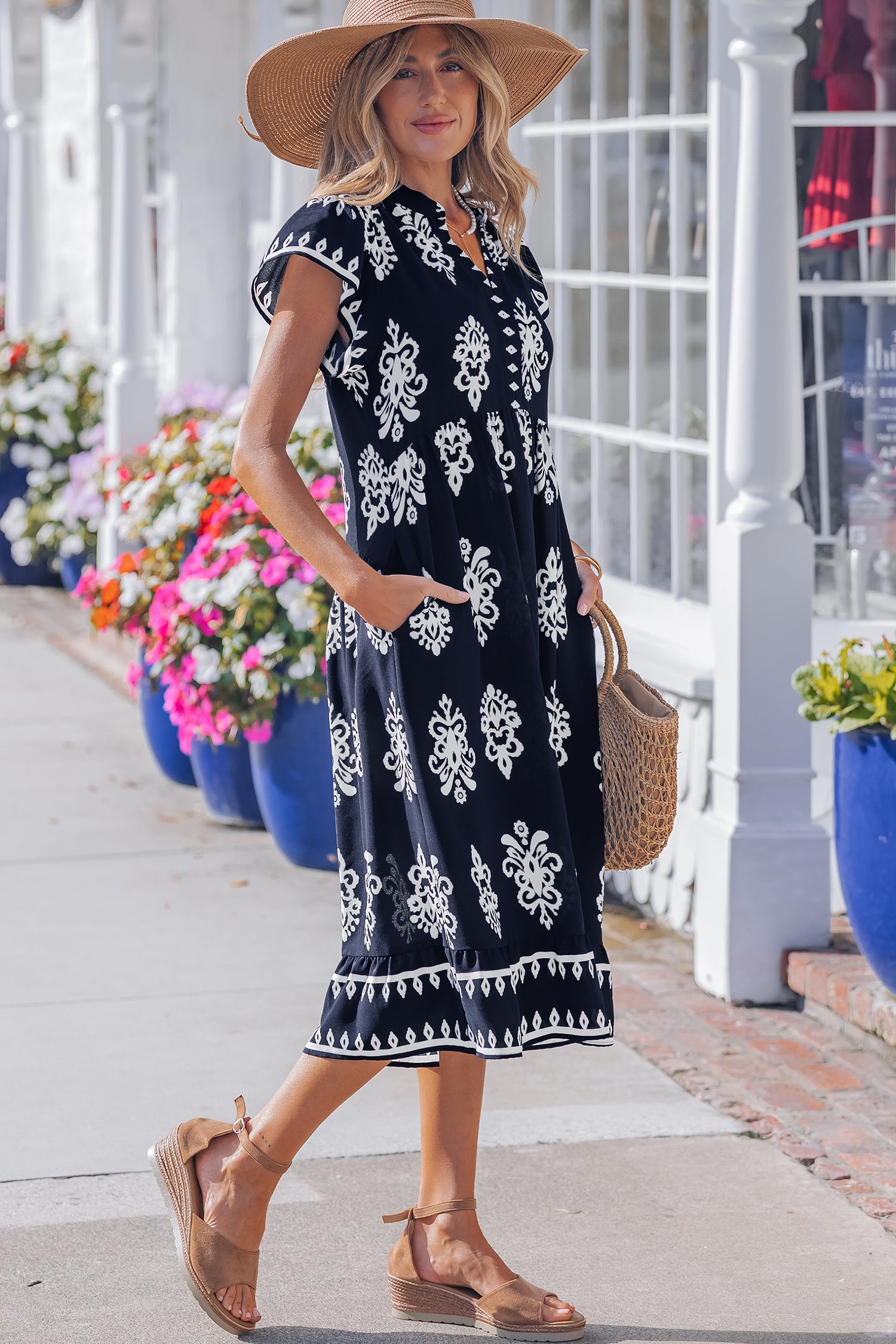 Blue Western Ethnic Print Notched Neck Short Sleeve Midi Dress-TOPS / DRESSES-[Adult]-[Female]-2022 Online Blue Zone Planet