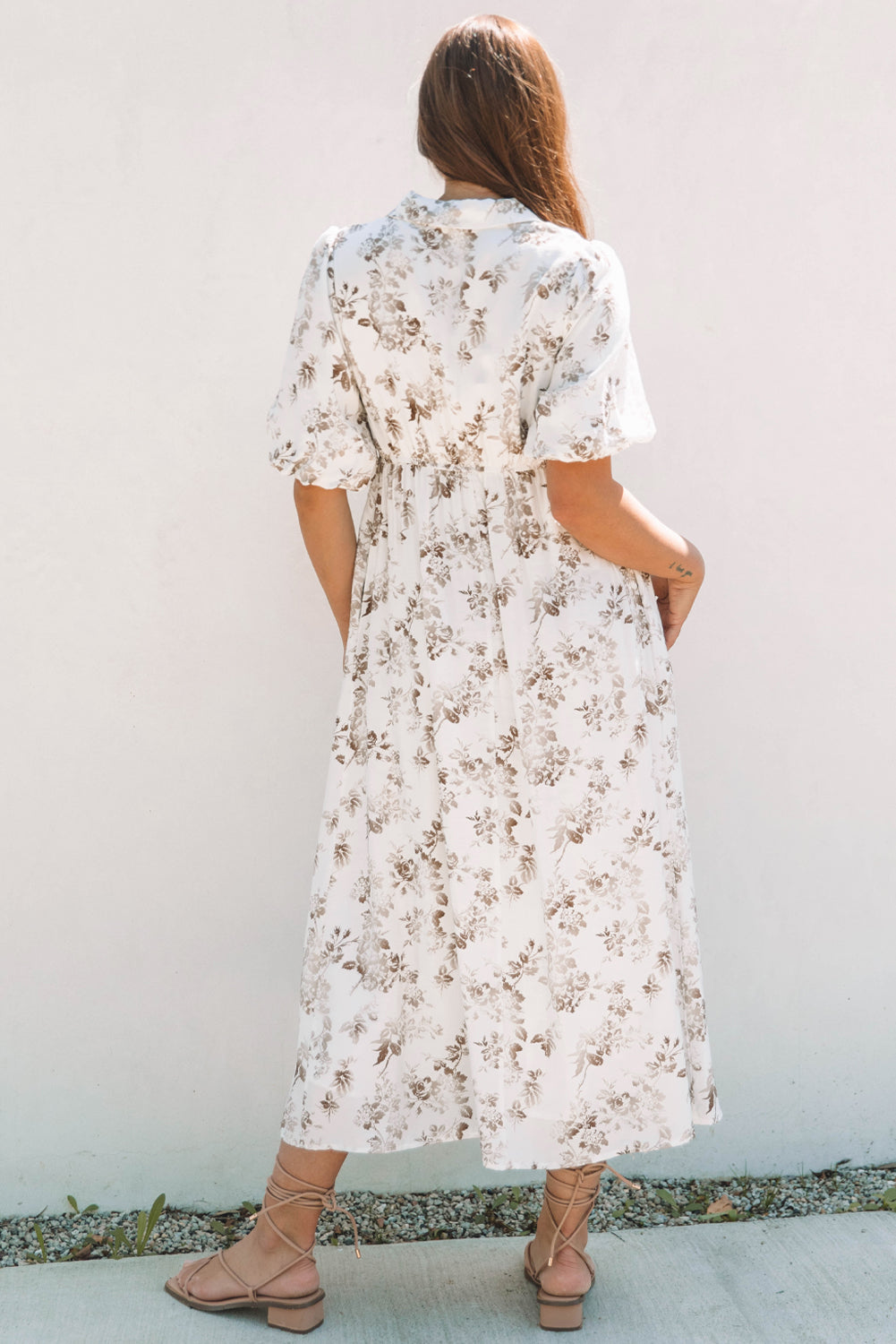 Khaki Floral Puff Sleeve V Neck Buttoned Front Maxi Dress-Dresses/Maxi Dresses-[Adult]-[Female]-2022 Online Blue Zone Planet