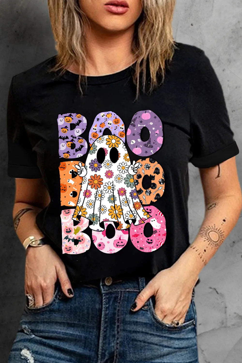 BOO Ghost Graphic Round Neck Short Sleeve T-Shirt-TOPS / DRESSES-[Adult]-[Female]-2022 Online Blue Zone Planet