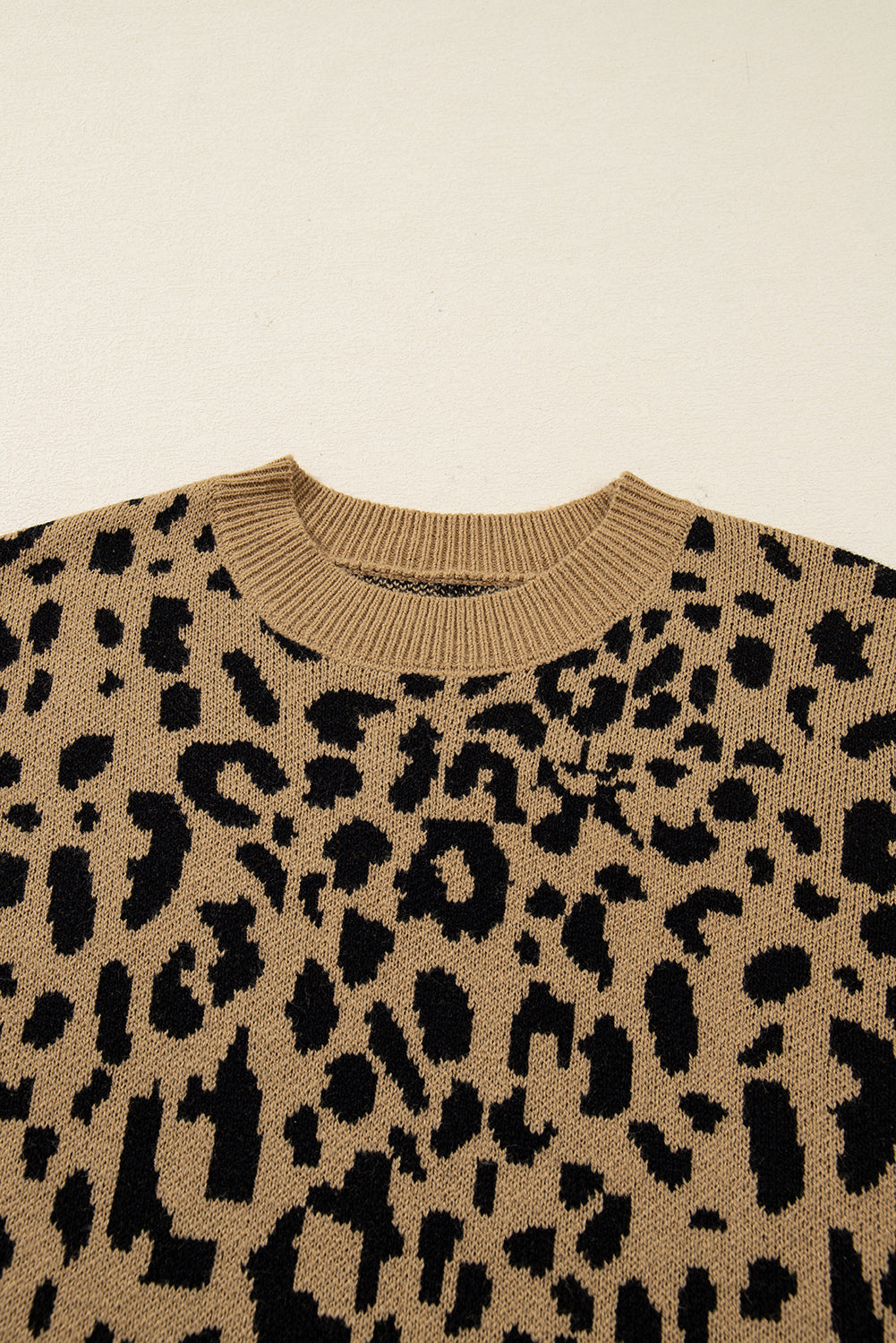 Light French Beige Ribbed Trim Round Neck Leopard Drop Shoulder Sweater-Sweaters & Cardigans/Sweaters-[Adult]-[Female]-2022 Online Blue Zone Planet