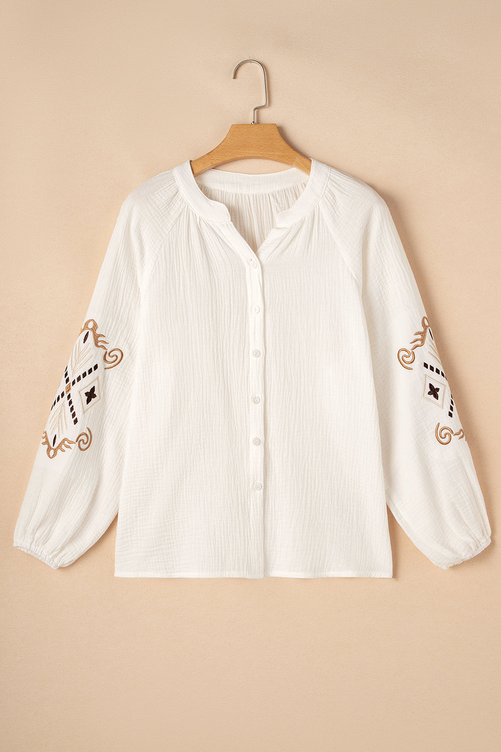 Blue Zone Planet | White Embroidered Textured Buttoned Crew Neck Shirt-Tops/Blouses & Shirts-[Adult]-[Female]-2022 Online Blue Zone Planet