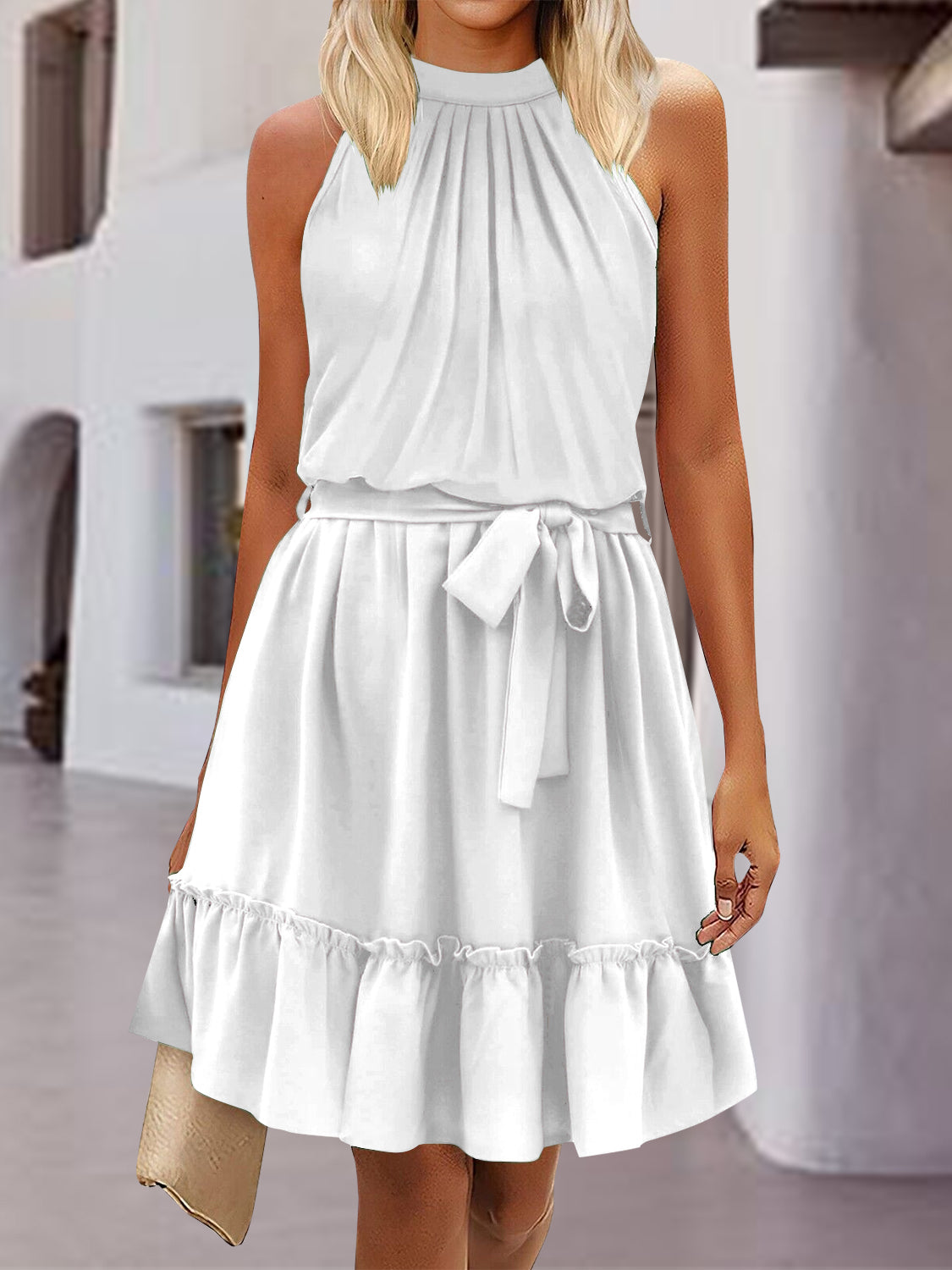 Frill Tied Mock Neck Sleeveless Dress-TOPS / DRESSES-[Adult]-[Female]-White-S-2022 Online Blue Zone Planet