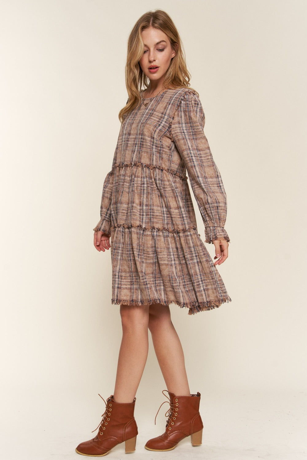 And The Why Full Size Washed Frayed Tiered Plaid Dress-TOPS / DRESSES-[Adult]-[Female]-2022 Online Blue Zone Planet