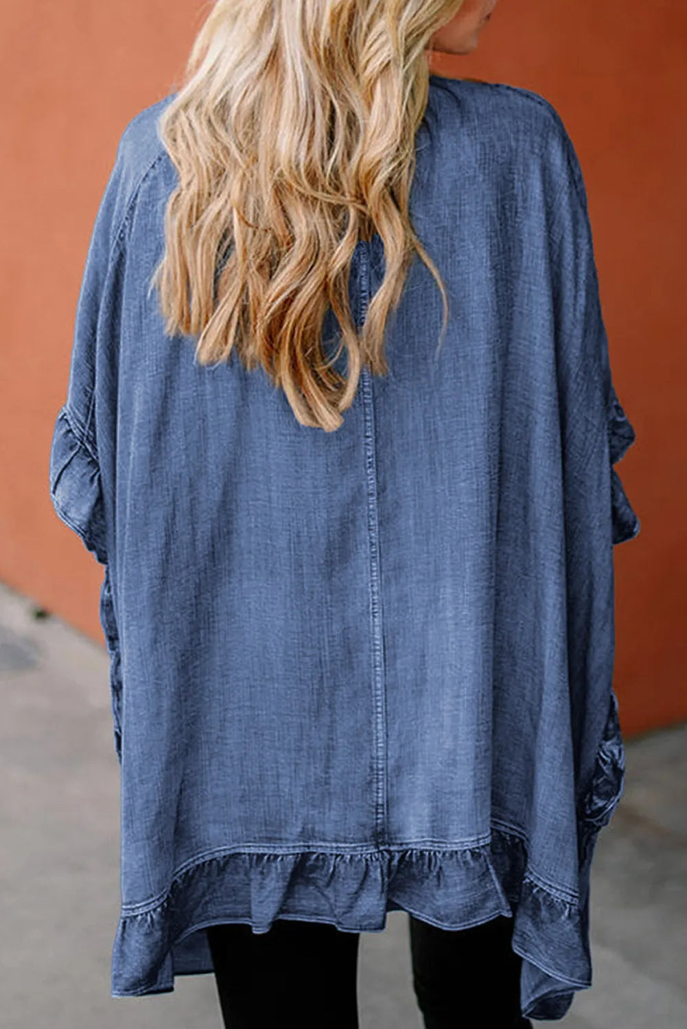 Blue Zone Planet | Ruffled Open Front Denim Top-TOPS / DRESSES-[Adult]-[Female]-2022 Online Blue Zone Planet