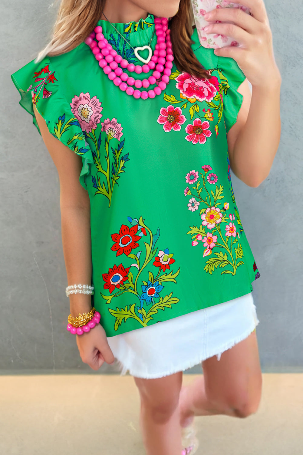 Green Floral Print Flutter Sleeve Frilly Neck Blouse-Tops/Blouses & Shirts-[Adult]-[Female]-2022 Online Blue Zone Planet