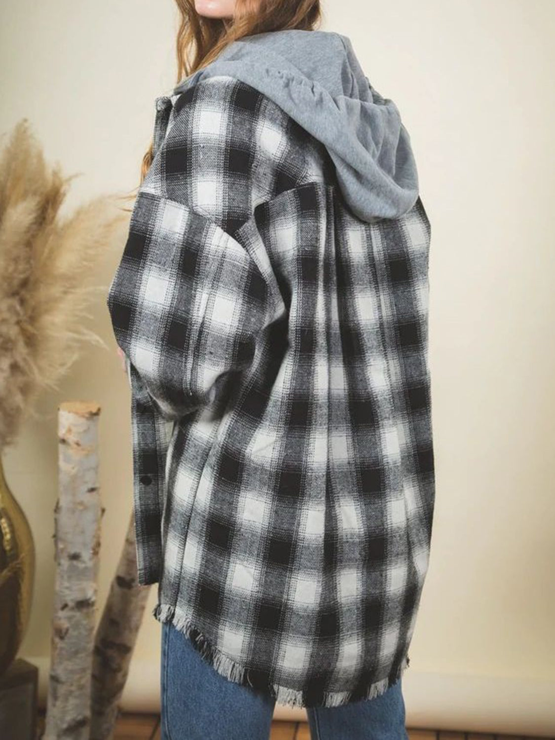 Blue Zone Planet | Raw Hem Plaid Long Sleeve Hooded Jacket-TOPS / DRESSES-[Adult]-[Female]-2022 Online Blue Zone Planet