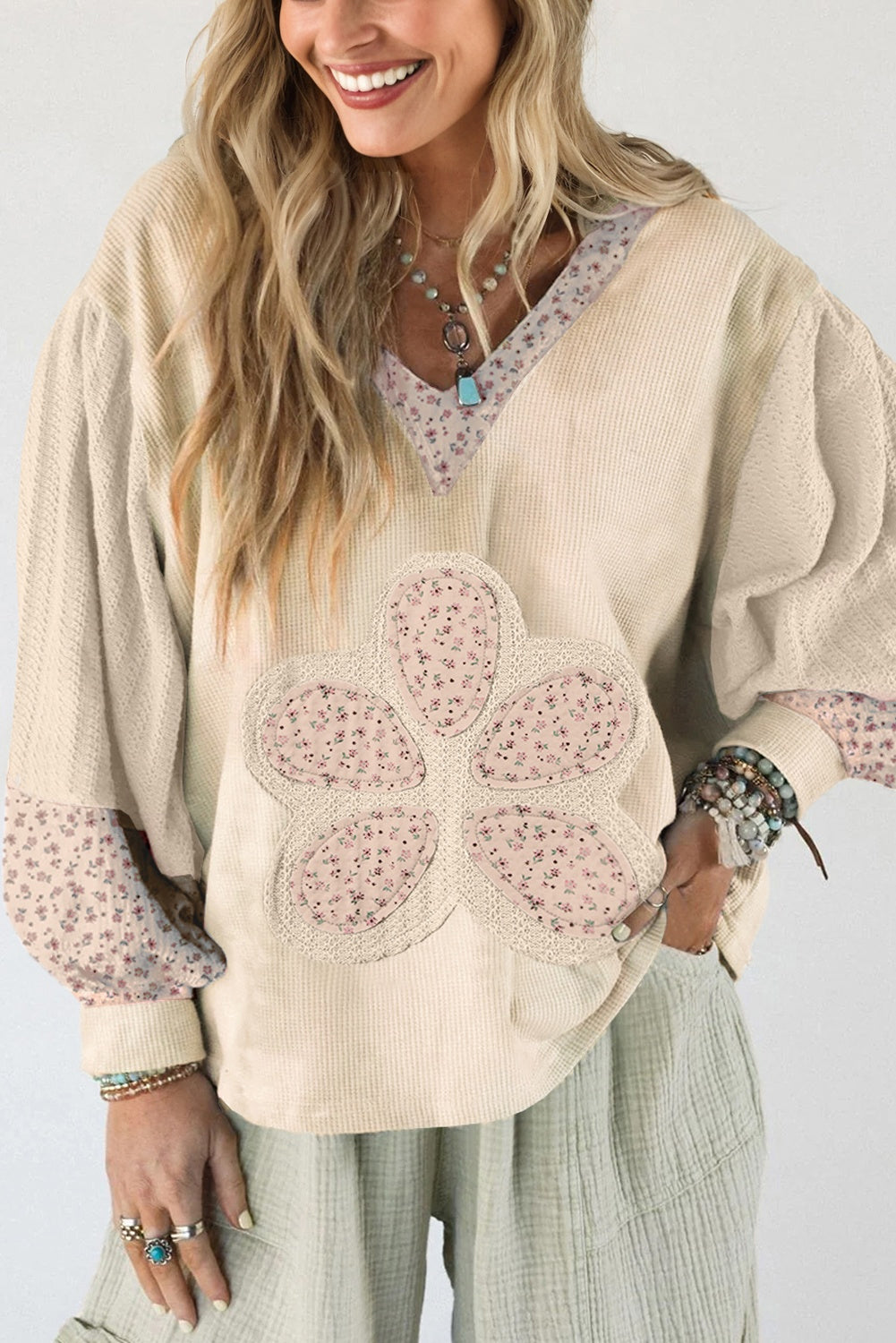 Pink Floral Patched Waffle Textured Colorblock V Neck Casual Hooded Top-Tops / Dresses-[Adult]-[Female]-Beige-S-2022 Online Blue Zone Planet
