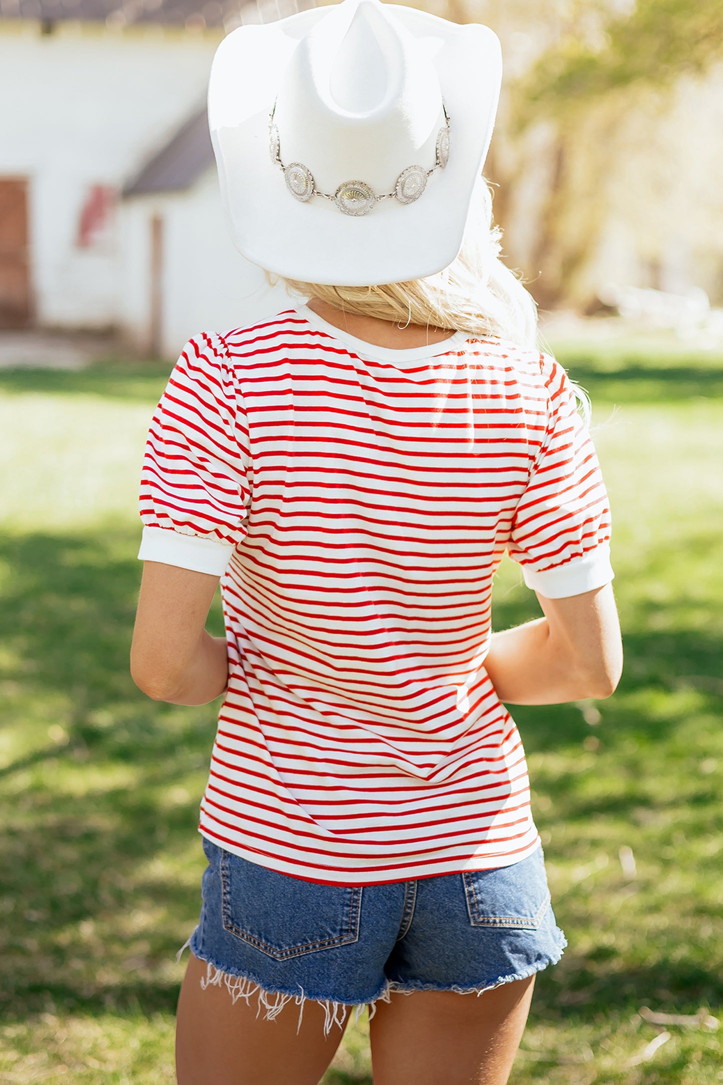 Red Stripe Contrast Trim Round Neck Short Puff Sleeve T Shirt-Tops/Tops & Tees-[Adult]-[Female]-2022 Online Blue Zone Planet