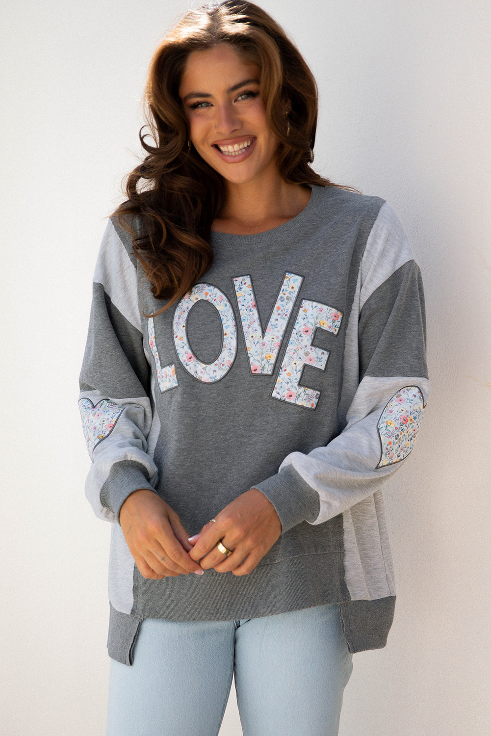 Dark Grey Love Graphic Exposed Seam Patchwork Uneven Hem Chic Sweatshirt-Tops/Sweatshirts & Hoodies-[Adult]-[Female]-2022 Online Blue Zone Planet