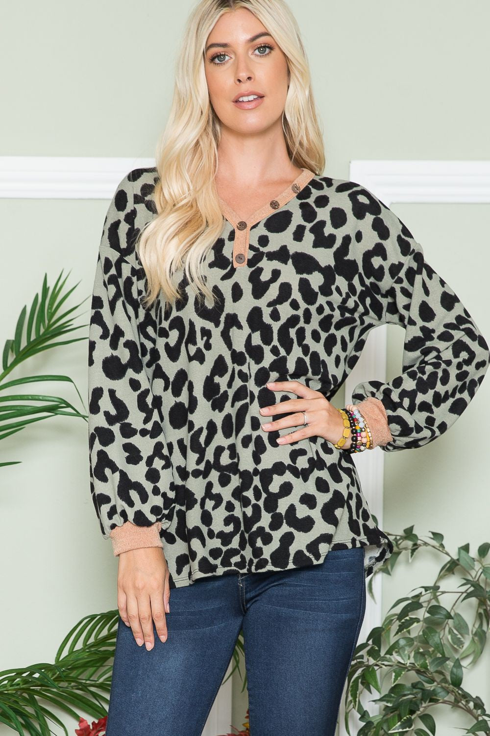 Blue Zone Planet | Celeste Full Size Leopard V-Neck Long Sleeve Blouse-TOPS / DRESSES-[Adult]-[Female]-Olive Leopard-S-2022 Online Blue Zone Planet