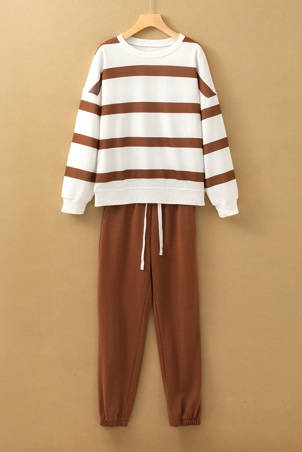 Blue Zone Planet | Light French Beige Striped Drop Shoulder Pullover and Joggers Set-Two Piece Pants Sets-[Adult]-[Female]-2022 Online Blue Zone Planet