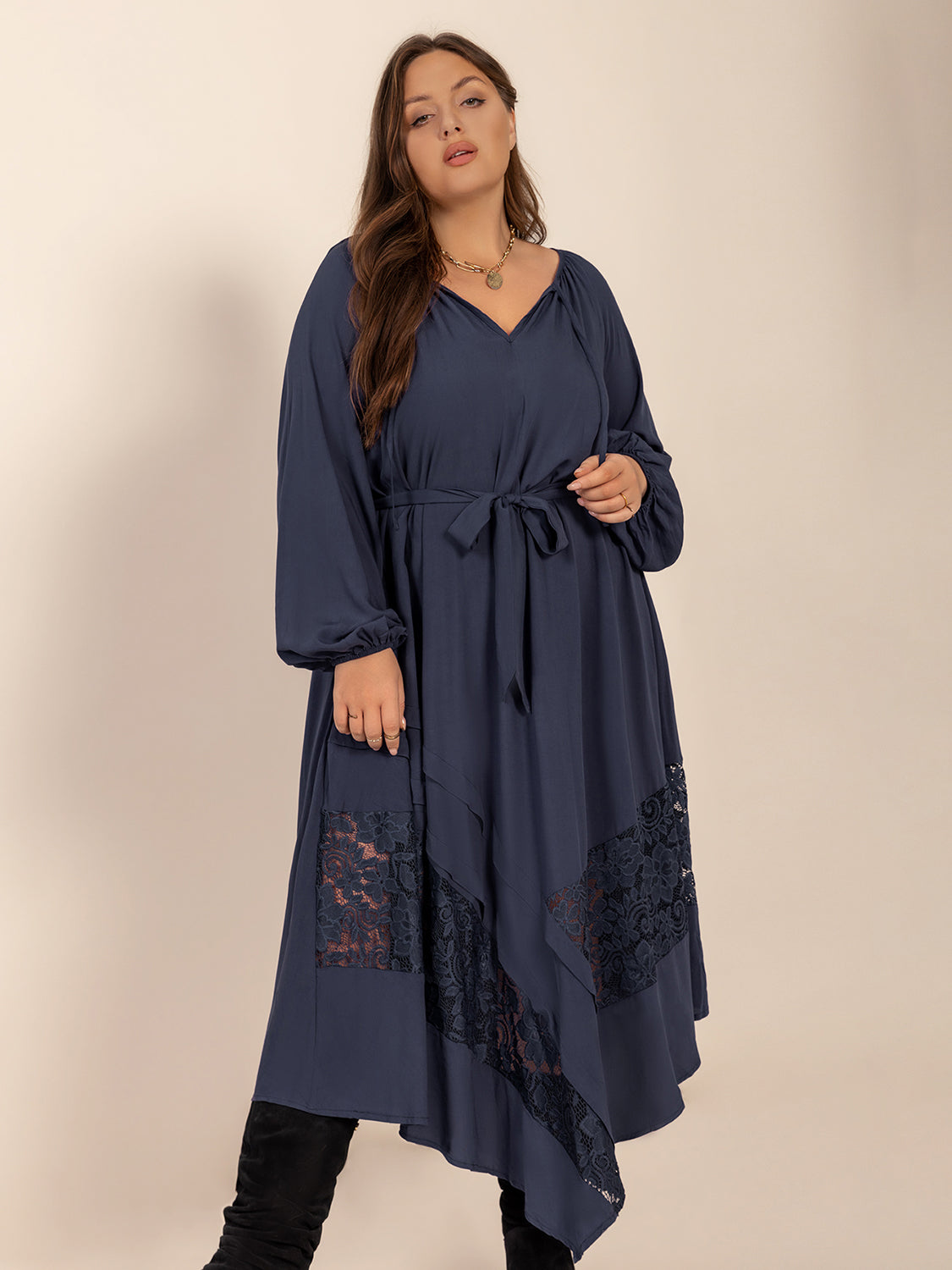 Blue Zone Planet | Plus Size Lace Detail Tie Neck Long Sleeve Midi Dress-TOPS / DRESSES-[Adult]-[Female]-2022 Online Blue Zone Planet