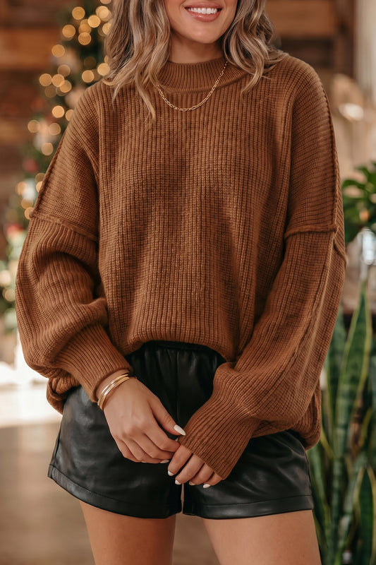 Chestnut Solid Color Mock Neck Oversized Tunic Sweater-Sweaters & Cardigans/Sweaters-[Adult]-[Female]-Chestnut-S-2022 Online Blue Zone Planet
