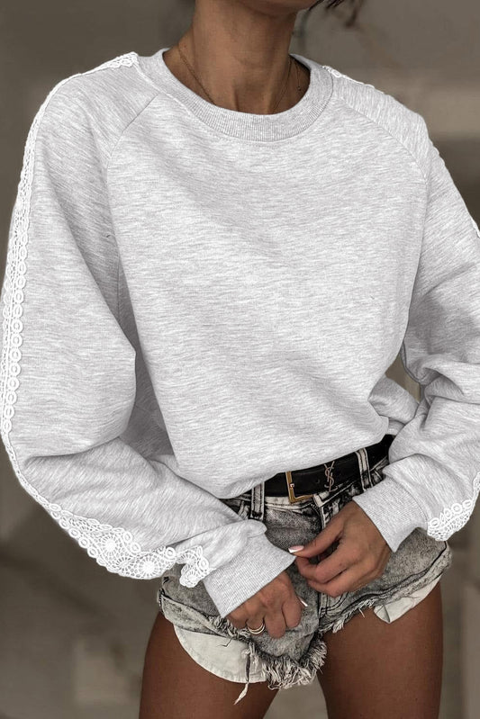 Light Grey Lace Patchwork Raglan Sleeve Crew Neck Sweatshirt-Tops/Sweatshirts & Hoodies-[Adult]-[Female]-Light Grey-S-2022 Online Blue Zone Planet