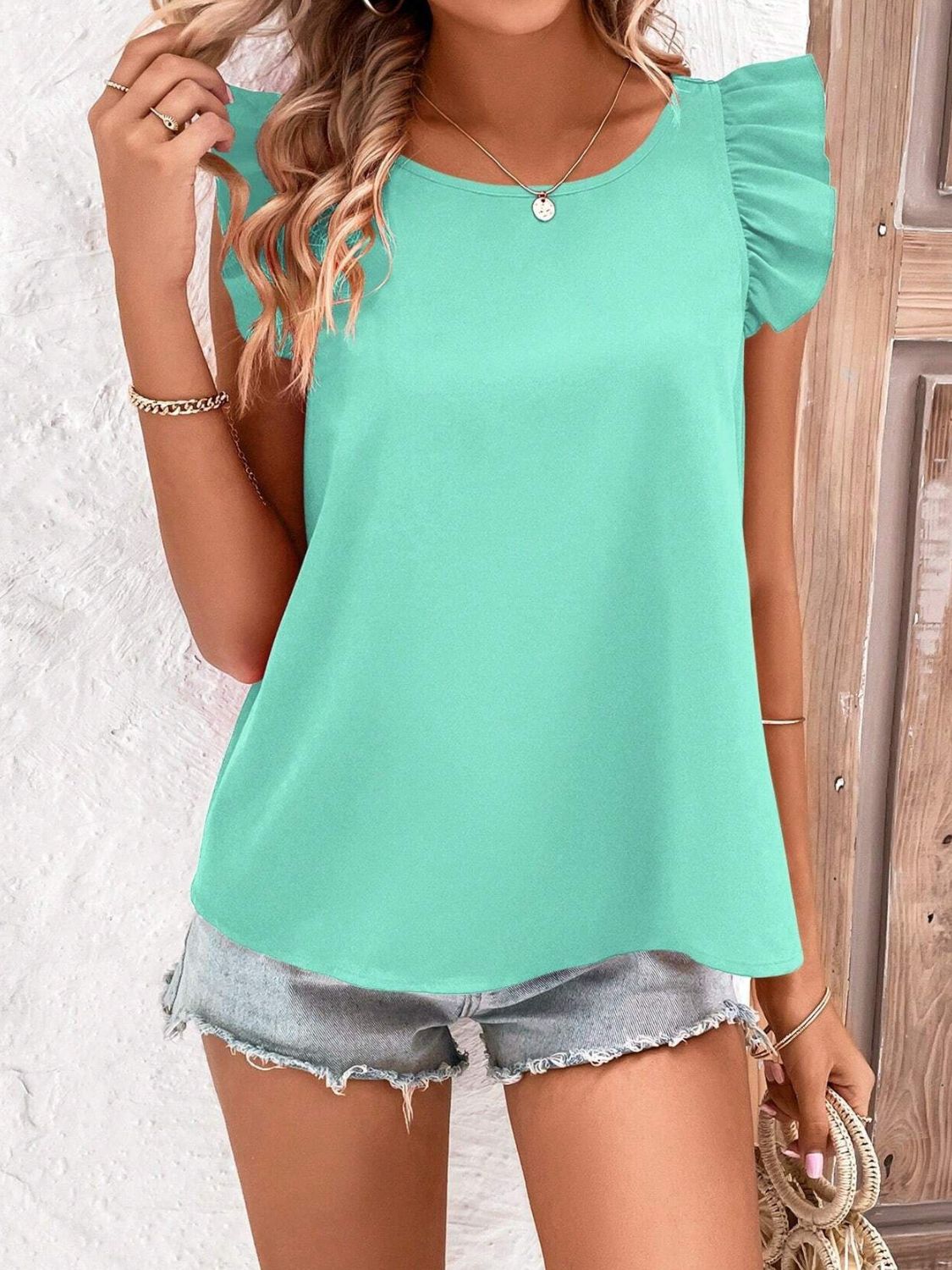 Crisscross Back Ruffled Round Neck Cap Sleeve Blouse-TOPS / DRESSES-[Adult]-[Female]-2022 Online Blue Zone Planet