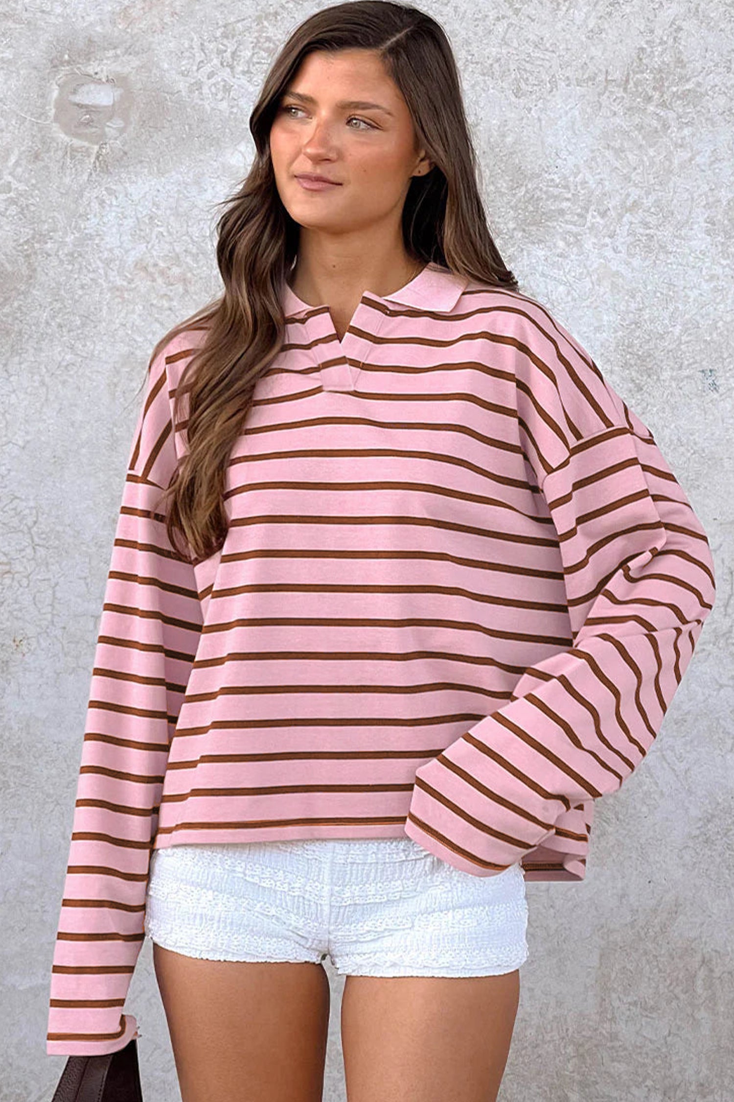 Pink Stripe Striped Long Sleeve Collar Shift Top-Tops/Long Sleeve Tops-[Adult]-[Female]-2022 Online Blue Zone Planet