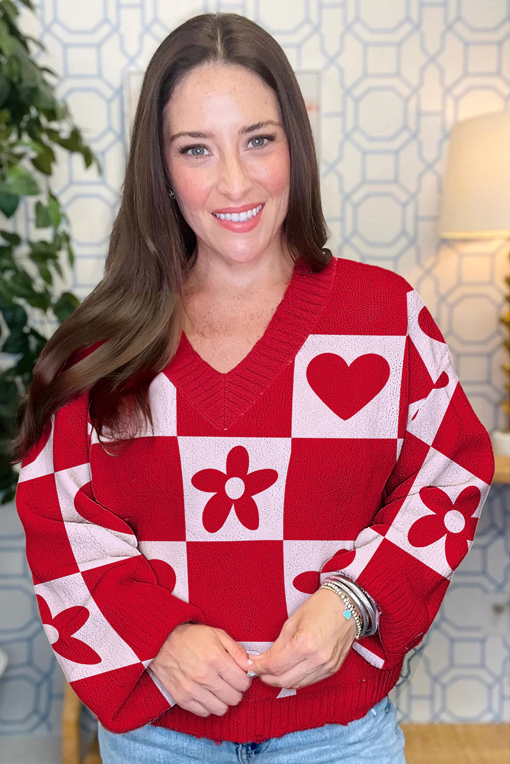 Fiery Red Floral Heart Pattern Plaid V Neck Sweater