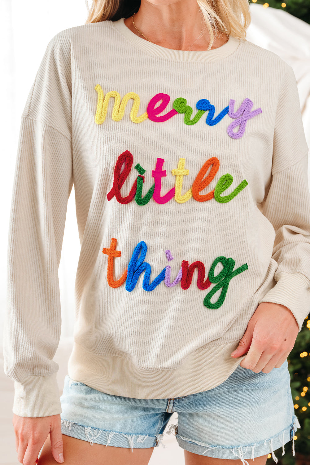 Beige Merry Little Thing Corded Letter Graphic Ribbed Loose Sweatshirt-Tops/Sweatshirts & Hoodies-[Adult]-[Female]-2022 Online Blue Zone Planet