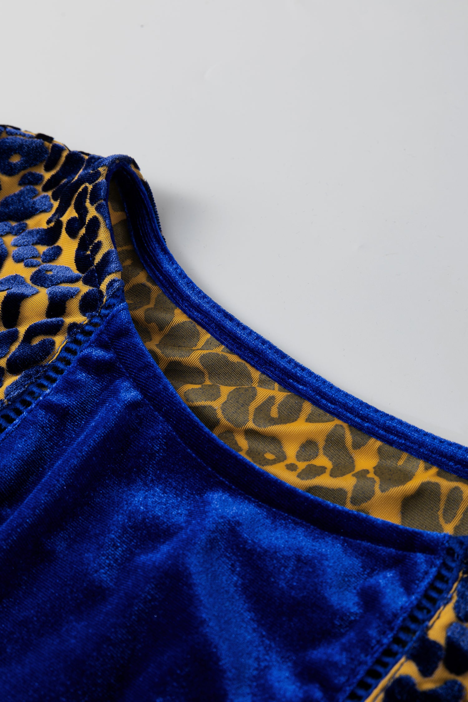 Sky Blue Leopard Patchwork Shoulder Flounce Sleeve Velvet Blouse-Tops/Blouses & Shirts-[Adult]-[Female]-2022 Online Blue Zone Planet