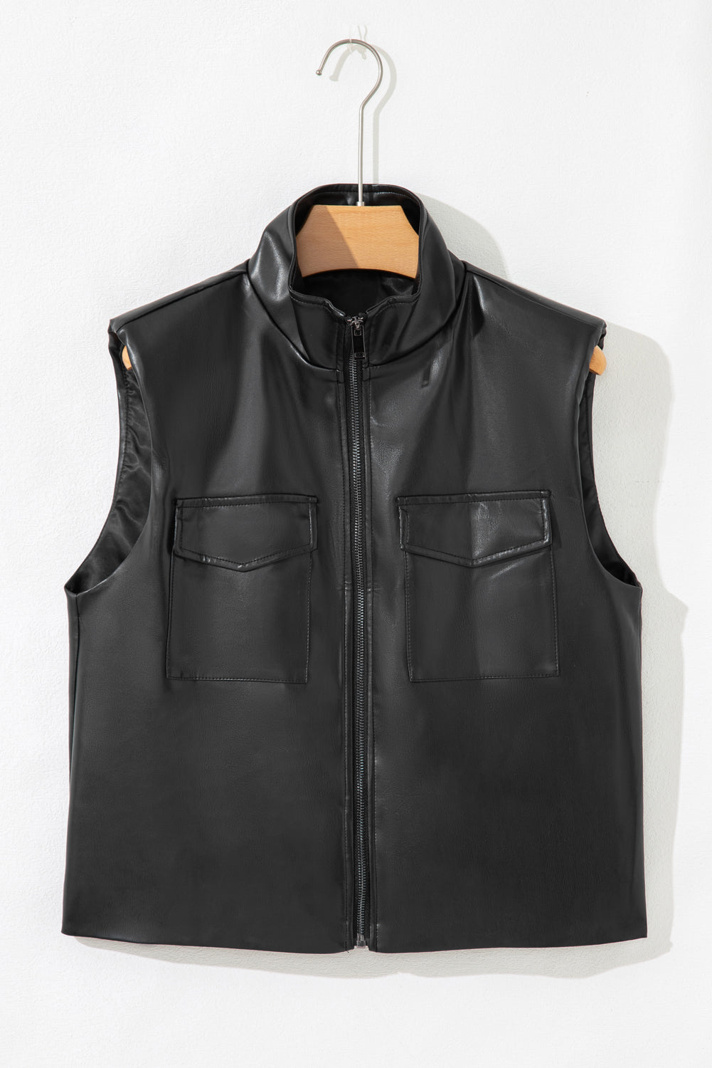 Black Double Flap Pocket Faux Leather Zip Up Stand Neck Vest-Outerwear/Vests-[Adult]-[Female]-2022 Online Blue Zone Planet