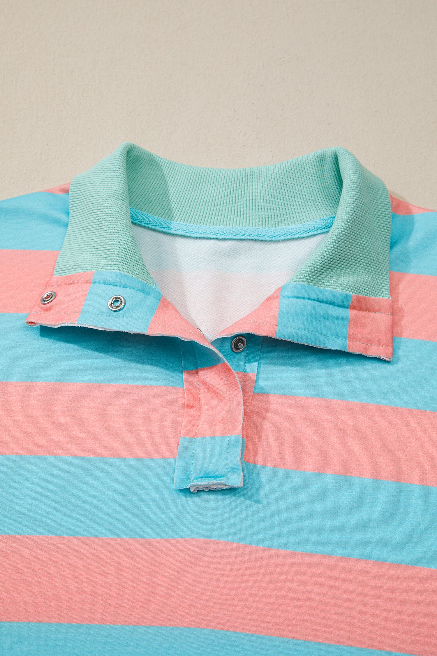 Pink Stripe Colorblock Drop Shoulder Buttoned Collar Side Slit Pullover Top-Tops/Long Sleeve Tops-[Adult]-[Female]-2022 Online Blue Zone Planet